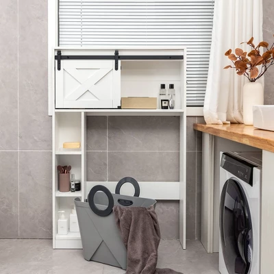 Costway Over The Toilet Bathroom Storage Cabinet With Sliding Barn Door & Shelves White - Image 3