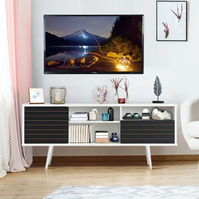 Costway Modern TV Stand/Console Cabinet 3 Shelves Storage Drawer Splayed Leg Black/White - Image 3