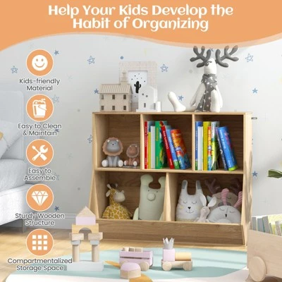 Costway 5-Cubby Kids Toy Storage Organizer Wooden Bookshelf Display Cabinet Natural/White - Image 8