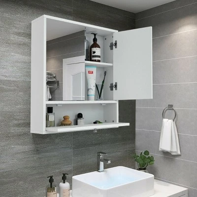 Costway Bathroom Cabinet Medicine Cabinet Double Mirror Door Wall Mount Storage Wood Shelf White - Image 3