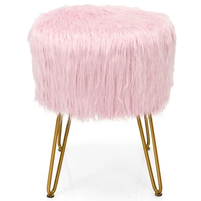 Costway Faux Fur Vanity Chair Makeup Stool Furry Padded Seat Round Ottoman Pink/White - Image 9