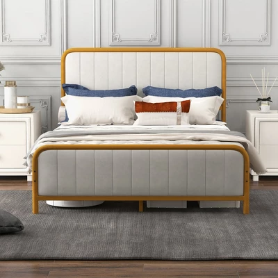 Costway Full Gold Metal Bed Frame Upholstered Platform Bed With Velvet Headboard - Image 3
