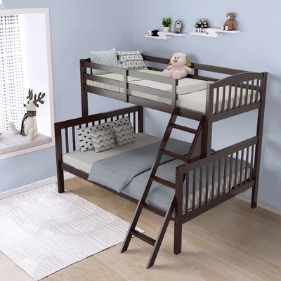 Costway Twin Over Full Bunk Bed Rubber Wood Convertible With Ladder Guardrail - Image 11