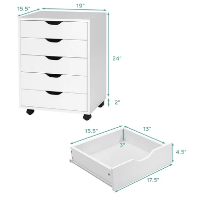 Costway 5 Drawer Chest Storage Dresser Floor Cabinet Organizer With Wheels White - Image 2