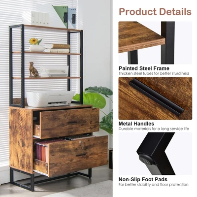 Costway 2 Drawer Vertical File Cabinet W/Lock & Bookshelf, Letter Size Filing Cabinet - Image 8