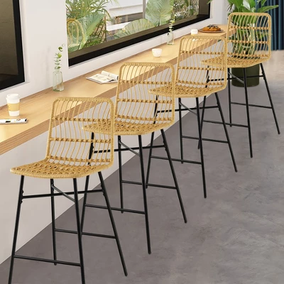 Costway Set Of 2 Rattan Bar Stools Counter Height Dining Chairs With Metal Legs Natural - Image 4