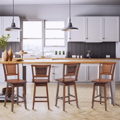 Costway Set Of 2/4 Swivel Bar Stools Counter Height Rubber Wood Pub Chairs W/ Rattan Back