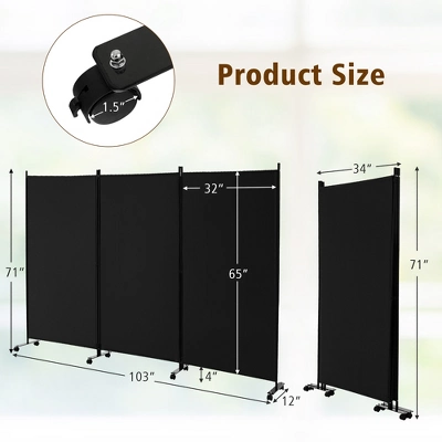 Costway 3-Panel Folding Room Divider 6Ft Rolling Privacy Screen WithLockable Wheels Black/Brown/Grey/White - Image 2