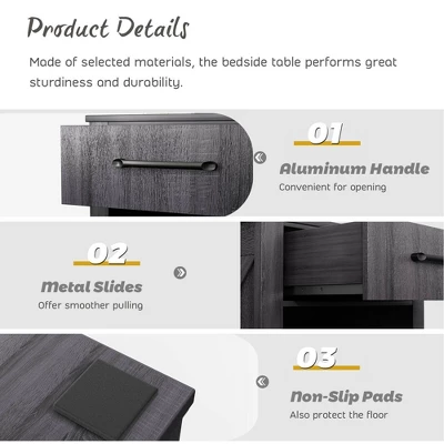 Costway Nightstand With Drawer And Shelf Rustic Wooden Bedside Table Bedroom Brown / Natural / Black - Image 6