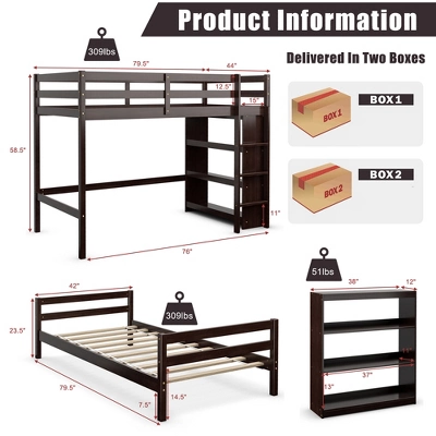 Costway Twin Over Twin Loft Bunk Bed Wood W/Bookcase Guardrail Ladder Kids Bedroom - Image 3