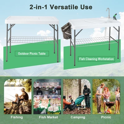 Costway Folding Fish Cleaning Table Portable Camping Table With Faucet Hose Grid Rack - Image 3