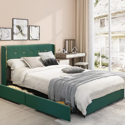 Costway Full/Queen Upholstered Bed Frame With 4 Storage Drawers Headboard - Image 3