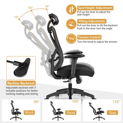 Costway Reclining Mesh Office Chair Swivel Chair W/ Adjustable Lumbar Support - Image 6