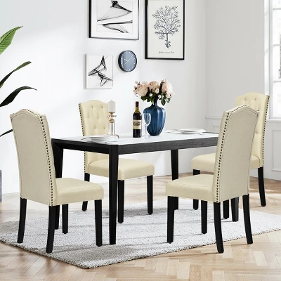 Costway Set Of 4 Tufted Dining Chair Upholstered W/ Nailhead Trim & Rubber Wooden Legs - Image 3