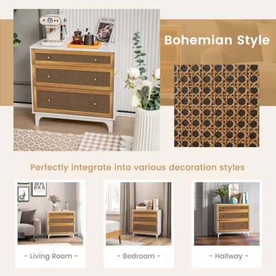 Costway 3-Drawer Rattan Dresser Modern Closet Chest Storage Cabinet Living Room Entryway - Image 8