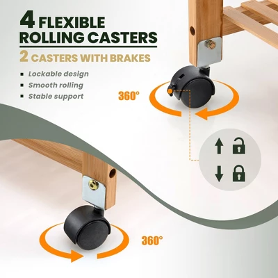 Costway 4-Tier Kitchen Serving Trolley Cart Mobile Bamboo Storage Shelf Lockable Casters - Image 7