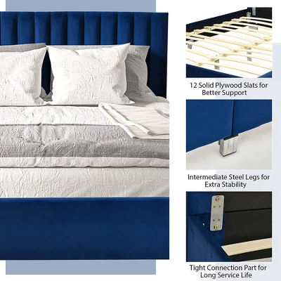 Costway Upholstered Bed Frame Full Size Modern Platform Bed With Vertical Channel Headboard No Box Spring Needed Navy/Grey - Image 5