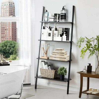 Costway Industrial Ladder Shelf 4-Tier Leaning Wall Bookcase Plant Stand Rustic Black/Brown - Image 4