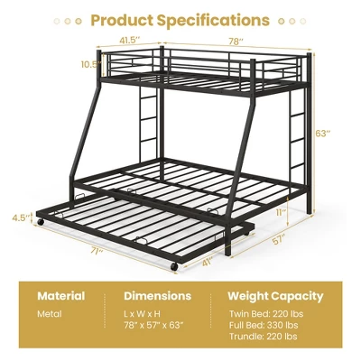 Costway Twin Over Full Metal Bunk Bed With Trundle Slats Support For Teens Adults Black - Image 2