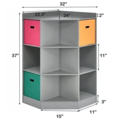 Costway 3-Tier Kid Storage Shelf Cubes W/3 Baskets Corner Cabinet Organizer Gray