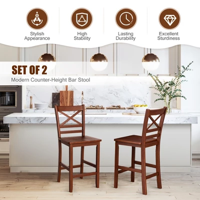 Costway Set Of 2 Bar Stools 24'' Counter Height Chairs W/ Rubber Wood Legs Walnut - Image 4