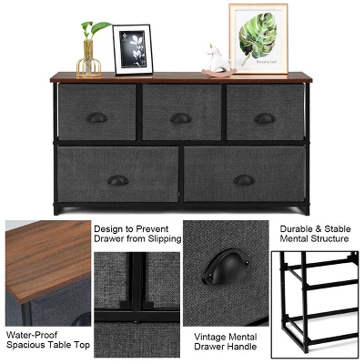 Costway 5 Drawers Dresser Storage Unit Side Table Display Organizer Dorm Room Wood Black - Image 7