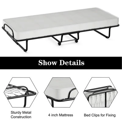 Costway Rollaway Folding Metal Bed Memory Foam Mattress Cot Guest Made In Italy - Image 6