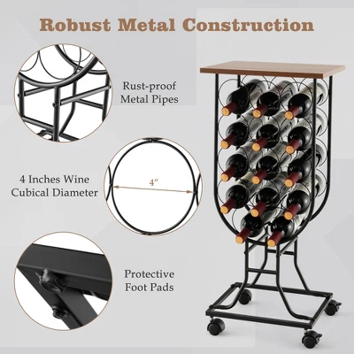 Costway 14 Bottles Wine Rack Console Table Freestanding Wine Storage With Woodtop & Wheels - Image 6