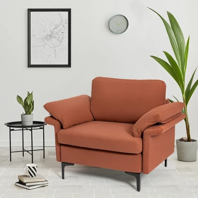 Costway Modern Fabric Accent Armchair Upholstered Single Sofa W/ Metal Legs Rust RedGreen - Image 2
