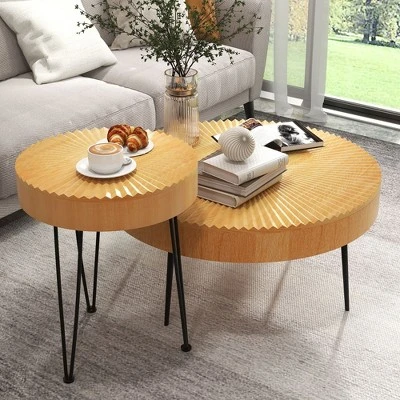 Costway Farmhouse Round Coffee Table Set Of 2 End Table Natural Finish For Living Room - Image 3