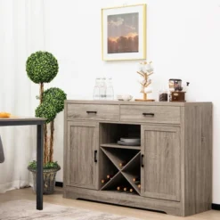 Costway Kitchen Storage Buffet Cabinet Farmhouse Wooden Sideboard W/2 Drawer & Wine Rack