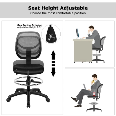Mesh Drafting Chair Mid Back Office Chair Adjustable Height W/Footrest Armless - Image 8