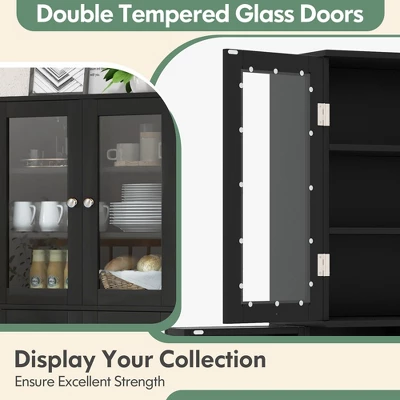 Costway Tall Storage Cabinet Kitchen Pantry Cupboard With Tempered Glass Doors & Shelves Black/White - Image 5