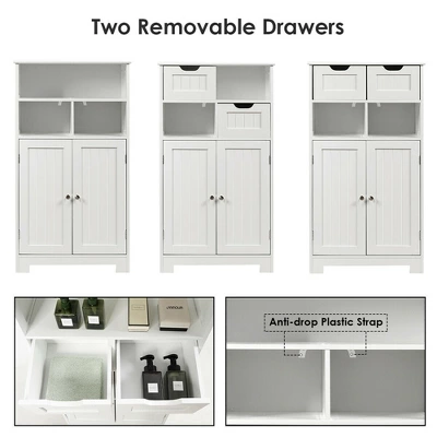 Costway Bathroom Floor Cabinet Wooden Storage Organizer Side Cabinet W/2 Drawer 2 Doors - Image 6