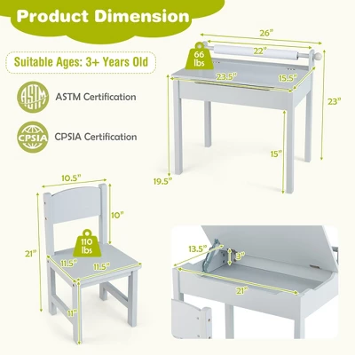 Costway Toddler Craft Table & Chair Set Kids Art Crafts Table WithPaper Roll Holder Grey/White - Image 9