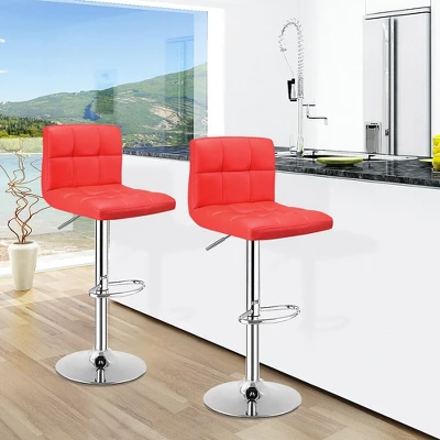 Costway Set Of 2 Bar Stools Adjustable Swivel Kitchen Counter Bar Chair PU Leather Red Full Back - Image 3