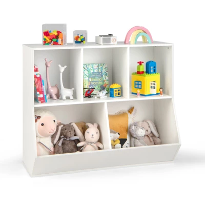 Costway 5-Cubby Kids Toy Storage Organizer Wooden Bookshelf Display Cabinet Natural/White - Image 11