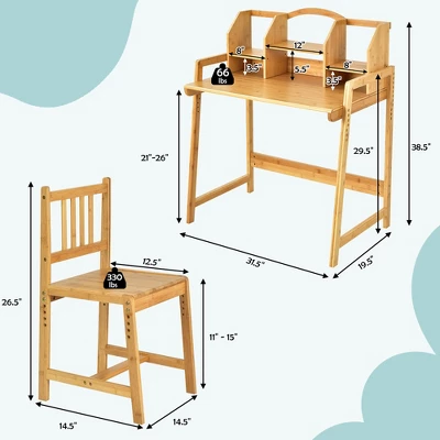 Costway Bamboo Kids Study Desk And Chair Set Height Adjustable Home School W/ Bookshelf - Image 3