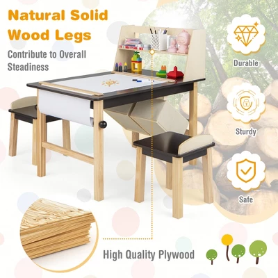 Costway Kids Art Table & Chairs Set Wooden Drawing Desk With Paper Roll Storage Shelf Bins - Image 4
