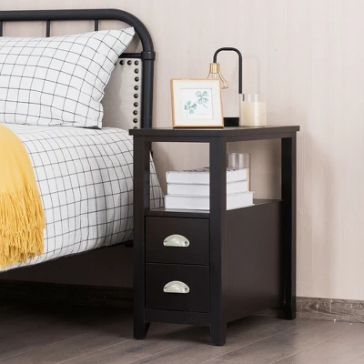 Costway End Table Space-Saving Rectangular Bedside Table W/ 2 Drawers & Shelf Espress - Image 2