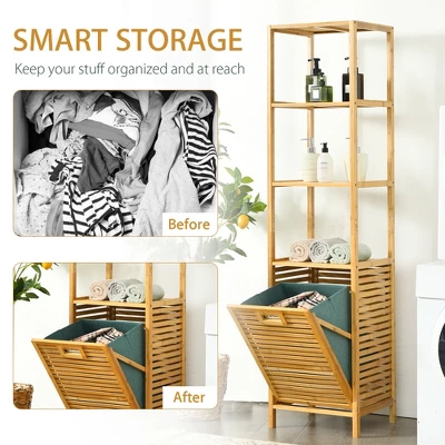 Costway Bathroom Tilt-out Laundry Hamper Bamboo Tower Hamper W/3-Tier Shelves - Image 6