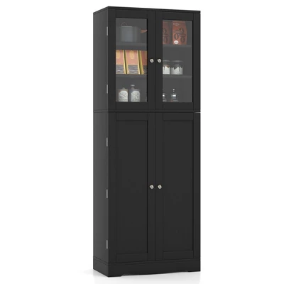Costway Tall Storage Cabinet Kitchen Pantry Cupboard With Tempered Glass Doors & Shelves Black/White - Image 9