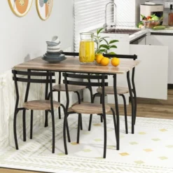 Costway 5PCS Dining Table Set 4 Chairs Wood & Metal Frame Space-saving Kitchen Furniture