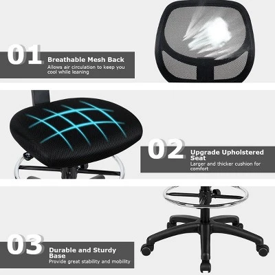 Mesh Drafting Chair Mid Back Office Chair Adjustable Height W/Footrest Armless - Image 9