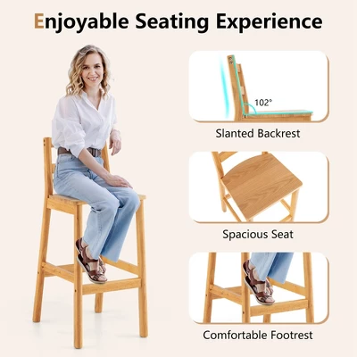 Costway Set Of 2 Solid Rubber Wood Bar Stools 28'' Dining Chairs With Backrests Natural - Image 7