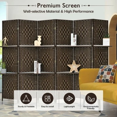 Costway 6 Panel Folding Room Divider 6Ft Weave Fiber Screen W/ 2 Display Shelves - Image 3