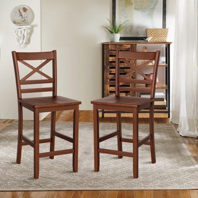 Costway Set Of 2 Bar Stools 24'' Counter Height Chairs W/ Rubber Wood Legs Walnut - Image 2