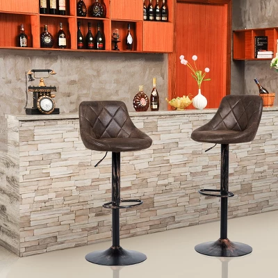 Costway Set Of 2 Adjustable Bar Stools Swivel Bar Chairs Hot-stamping Cloth Retro Brown Low Back - Image 2