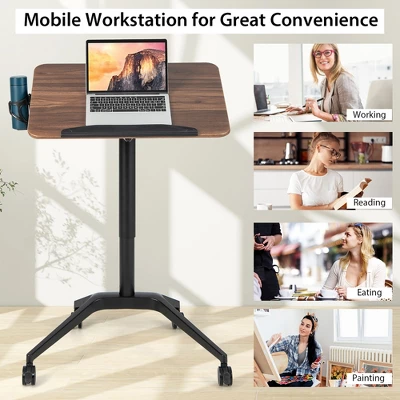 Costway Pneumatic Standing Desk Tilting Adjustable Laptop Cart Mobile Podium Cup Holder - Image 7