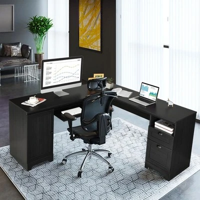Costway L-Shaped Corner Computer Desk Writing Table Study Workstation W/ Drawers Storage Black - Image 4